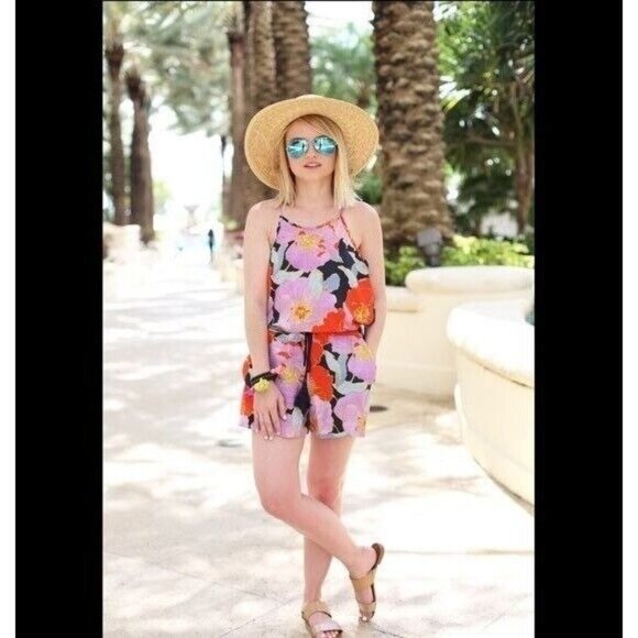 LOFT Pants - LOFT Romper S Floral Full Bloom Halter Lilac Blue Summer Brunch NEW